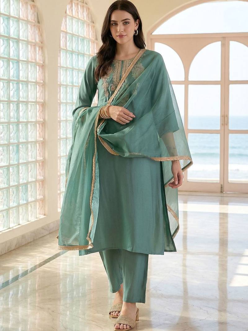 Women Ethnic Motifs Embroidered Thread Work Kurta with Trousers & With Dupatta