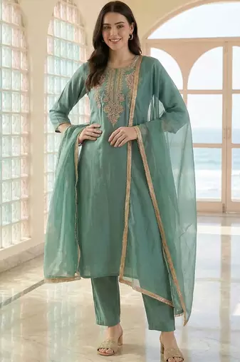 Women Ethnic Motifs Embroidered Thread Work Kurta with Trousers & With Dupatta