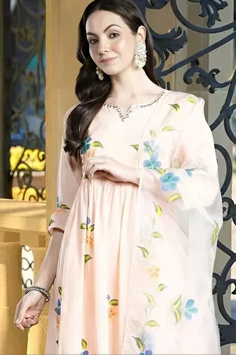 Floral Printed Empire Thread Work Cotton Kurta with Trousers & With Dupatta