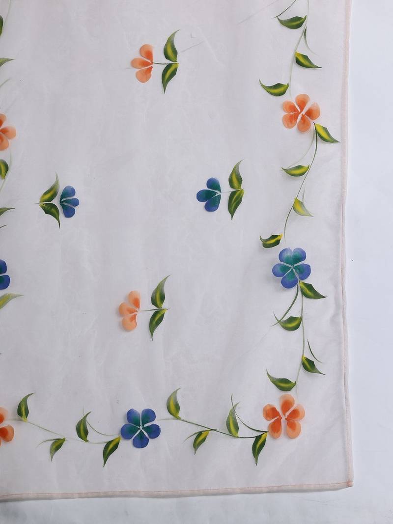 Floral Printed Empire Thread Work Cotton Kurta with Trousers & With Dupatta