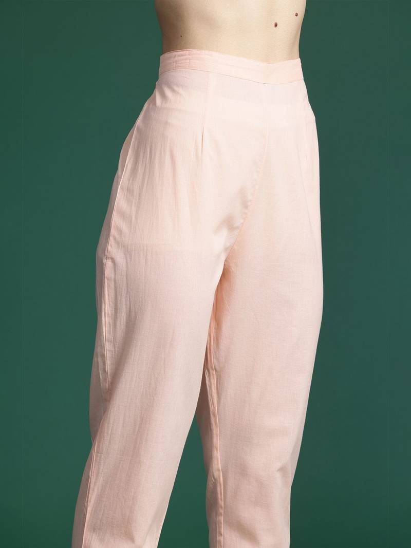 Floral Printed Empire Thread Work Cotton Kurta with Trousers & With Dupatta