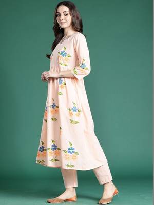 Floral Printed Empire Thread Work Cotton Kurta with Trousers & With Dupatta 4