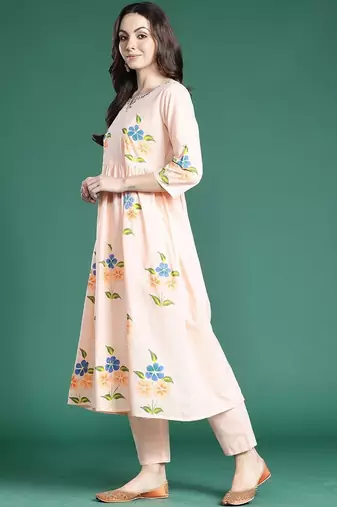 Floral Printed Empire Thread Work Cotton Kurta with Trousers & With Dupatta