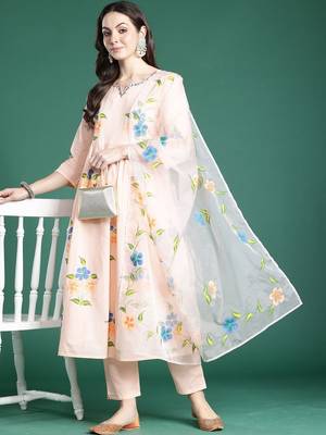 Floral Printed Empire Thread Work Cotton Kurta with Trousers & With Dupatta 5