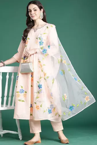 Floral Printed Empire Thread Work Cotton Kurta with Trousers & With Dupatta