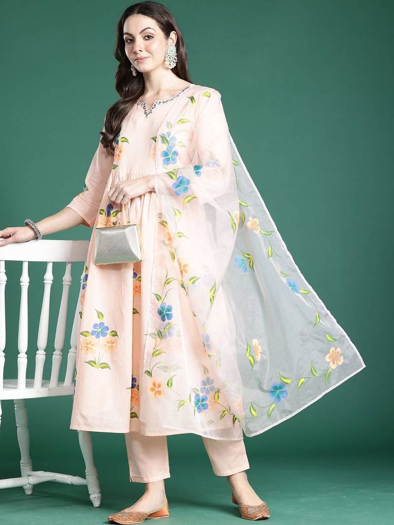 Floral Printed Empire Thread Work Cotton Kurta with Trousers & With Dupatta