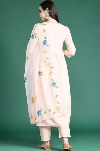 Floral Printed Empire Thread Work Cotton Kurta with Trousers & With Dupatta