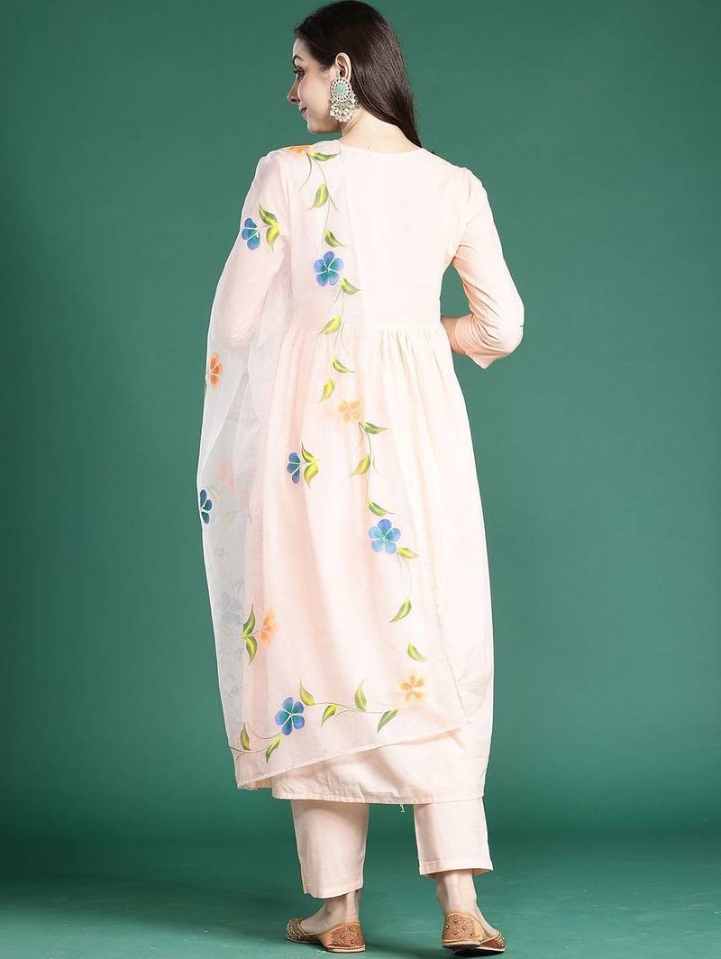 Floral Printed Empire Thread Work Cotton Kurta with Trousers & With Dupatta