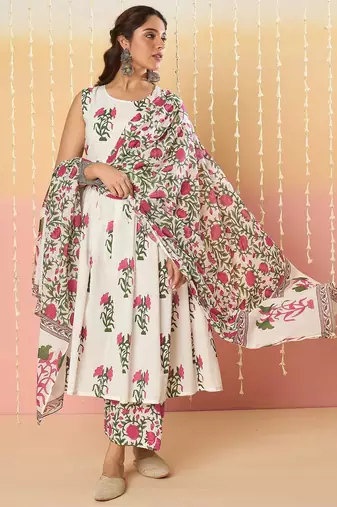 Women Floral Printed Cotton Kurta with Palazzos & With Dupatta