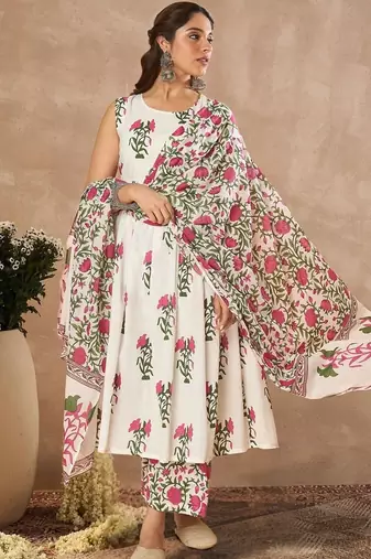 Women Floral Printed Cotton Kurta with Palazzos & With Dupatta