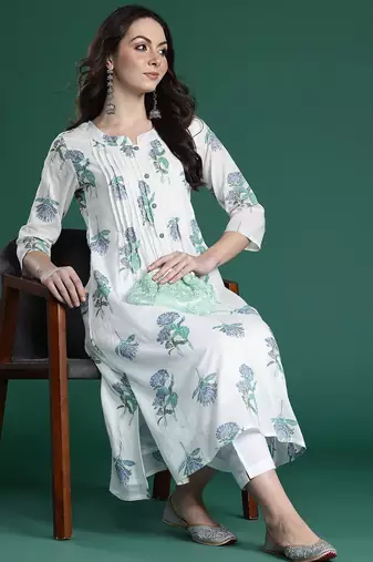 Floral Printed Pleated Cotton Kurta with Trousers