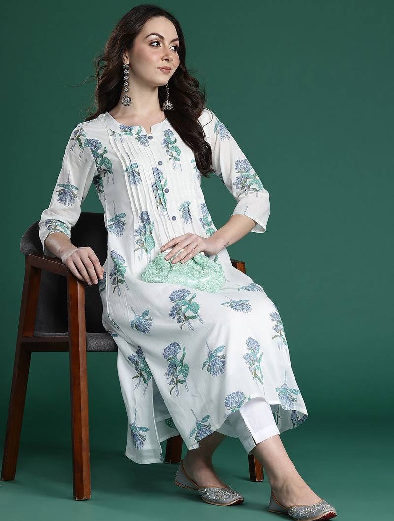 Floral Printed Pleated Cotton Kurta with Trousers