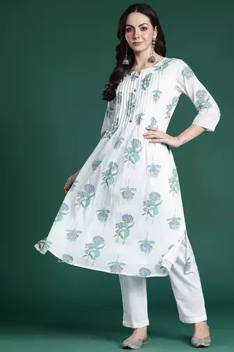 Floral Printed Pleated Cotton Kurta with Trousers