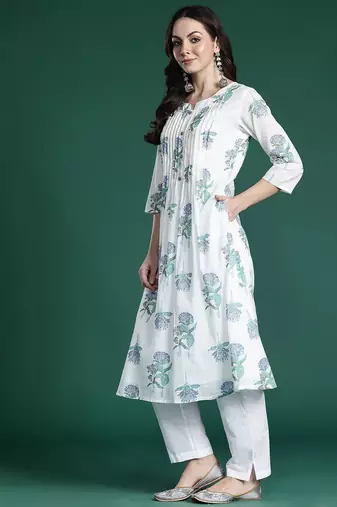 Floral Printed Pleated Cotton Kurta with Trousers