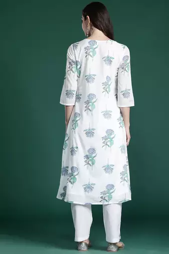 Floral Printed Pleated Cotton Kurta with Trousers