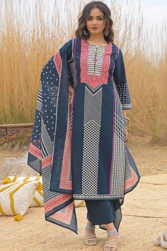 Women Printed Sequinned Cotton Kurta with Trousers & With Dupatta