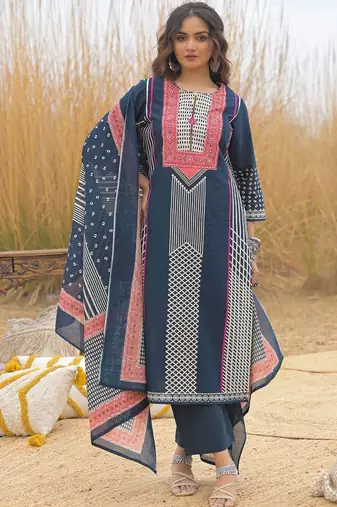 Women Printed Sequinned Cotton Kurta with Trousers & With Dupatta