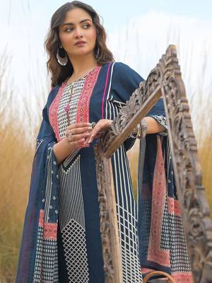Women Printed Sequinned Cotton Kurta with Trousers & With Dupatta 4