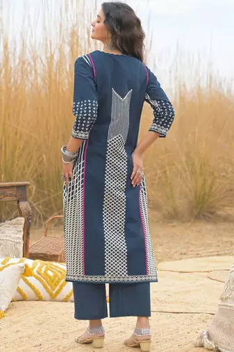 Women Printed Sequinned Cotton Kurta with Trousers & With Dupatta