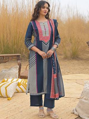 Women Printed Sequinned Cotton Kurta with Trousers & With Dupatta 6