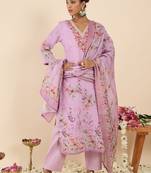 Women Floral Printed Thread Work Linen Kurta with Trousers & With Dupatta