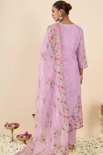 Women Floral Printed Thread Work Linen Kurta with Trousers & With Dupatta