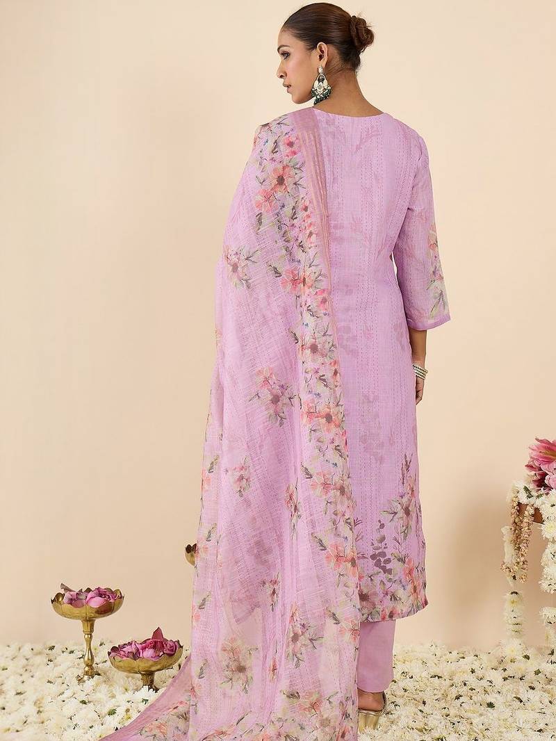 Women Floral Printed Thread Work Linen Kurta with Trousers & With Dupatta