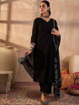 Women Solid Cotton Kurta with Trousers & Dupatta 1