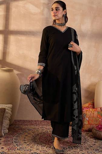 Women Solid Cotton Kurta with Trousers & Dupatta
