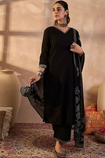 Women Solid Cotton Kurta with Trousers & Dupatta
