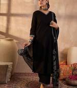 Women Solid Cotton Kurta with Trousers & Dupatta