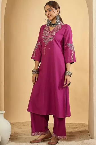 Women Embroidered Thread Work Kurta with Trousers