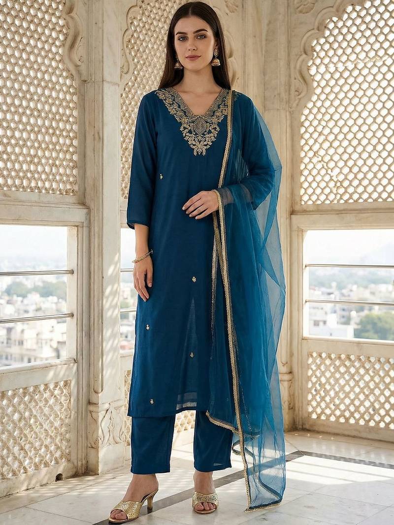 Women Ethnic Motifs Embroidered Thread Work Kurta with Trousers & With Dupatta
