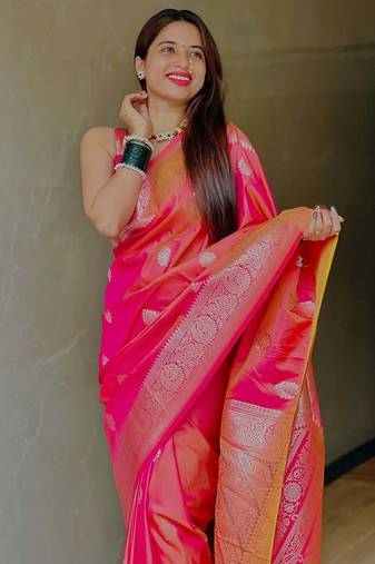 Pink soft silk blend saree with zari weaving meenakari design