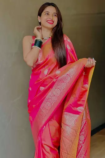 pink soft silk blend saree with zari weaving meenakari design
