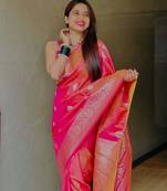 Pink soft silk blend saree with zari weaving meenakari design