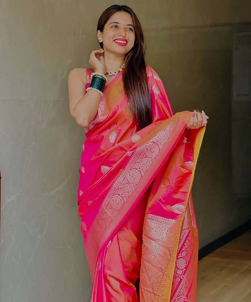 Pink soft silk blend saree with zari weaving meenakari design