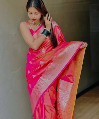 Pink soft silk blend saree with zari weaving meenakari design 2