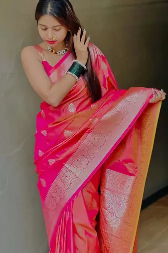 pink soft silk blend saree with zari weaving meenakari design