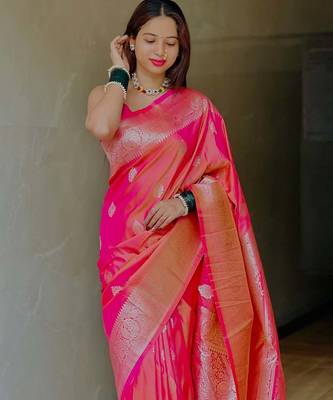Pink soft silk blend saree with zari weaving meenakari design 3