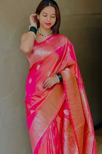 pink soft silk blend saree with zari weaving meenakari design