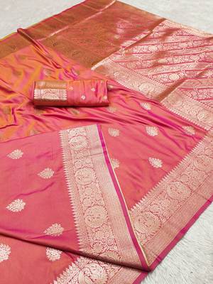 Pink soft silk blend saree with zari weaving meenakari design 4
