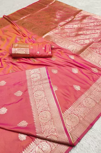 pink soft silk blend saree with zari weaving meenakari design