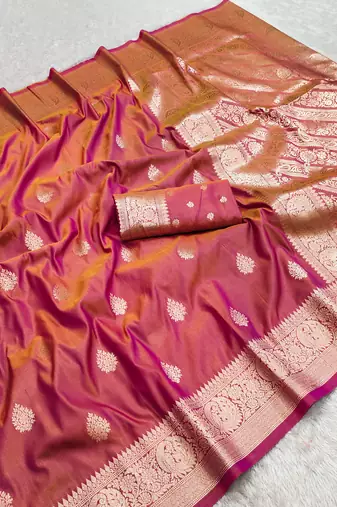 pink soft silk blend saree with zari weaving meenakari design