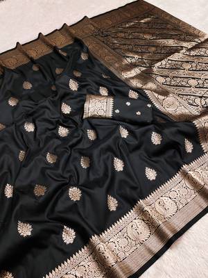 Black soft silk blend saree with zari weaving meenakari design 1