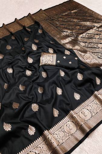 Black soft silk blend saree with zari weaving meenakari design