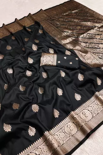 black soft silk blend saree with zari weaving meenakari design