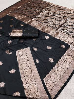 Black soft silk blend saree with zari weaving meenakari design 2