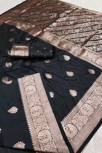 black soft silk blend saree with zari weaving meenakari design