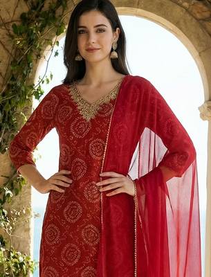 Women Ethnic Motifs Printed Thread Work Kurta with Trousers & With Dupatta 1